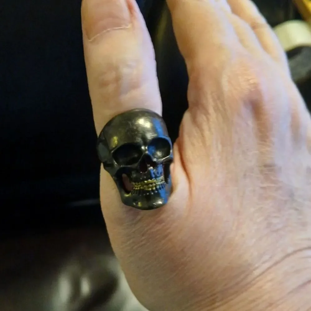Men's Black Skull Gold Teeth Ring Size 10
